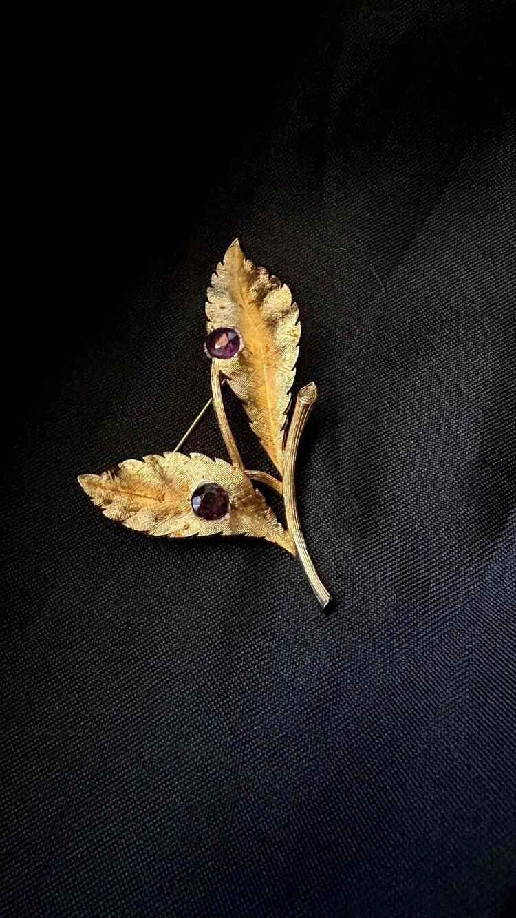 Signed Crown Trifari Gold Tone Leaf Brooch with Dark Cabochons – 1960s